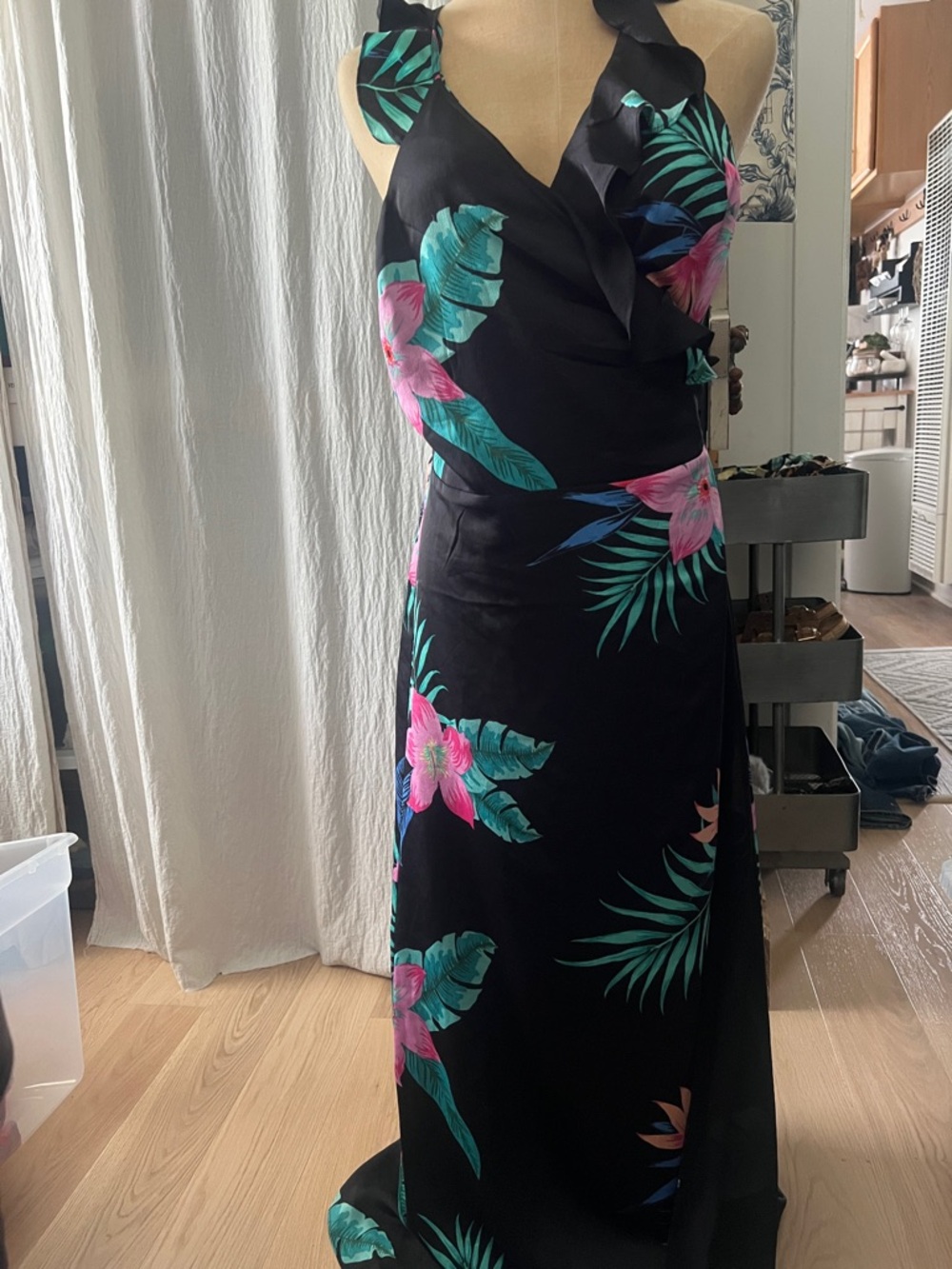 Pepe Jeans Black Maxi Dress with Pink & Teal Floral Print
